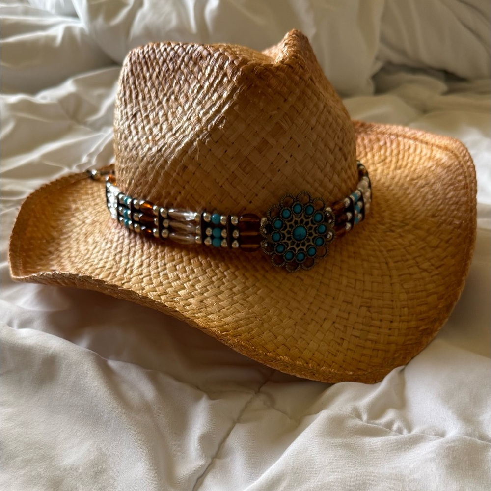 Beaded Tan Straw Hat